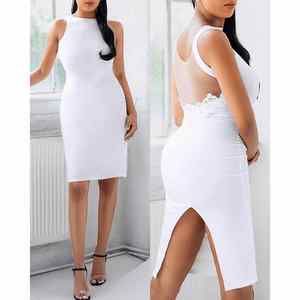 Solid Open Back Lace Trim Split Bodycon Dress | White | Size Small